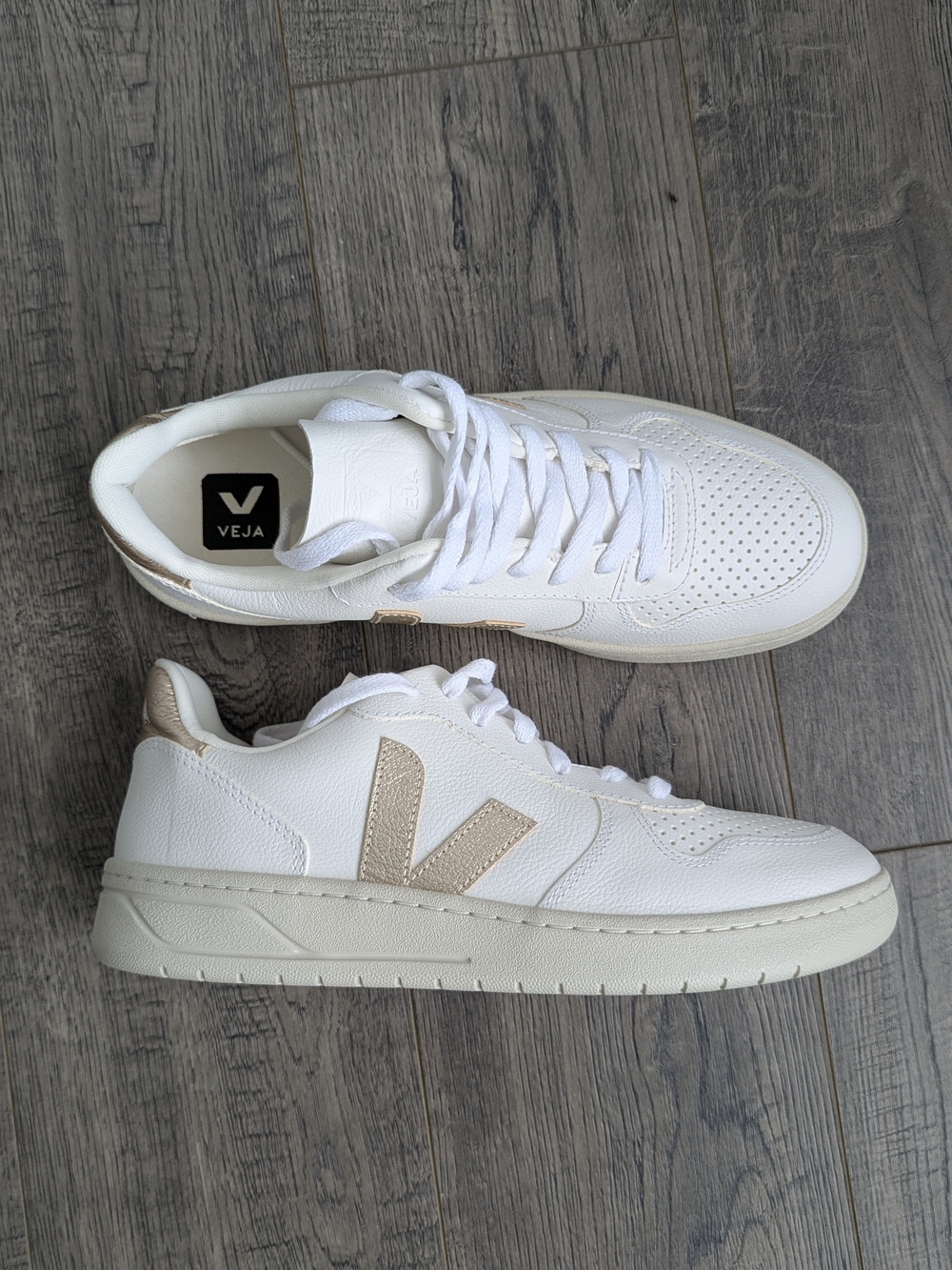 Veja V-10 Leather Sneakers in White with Gold/Beige Accents